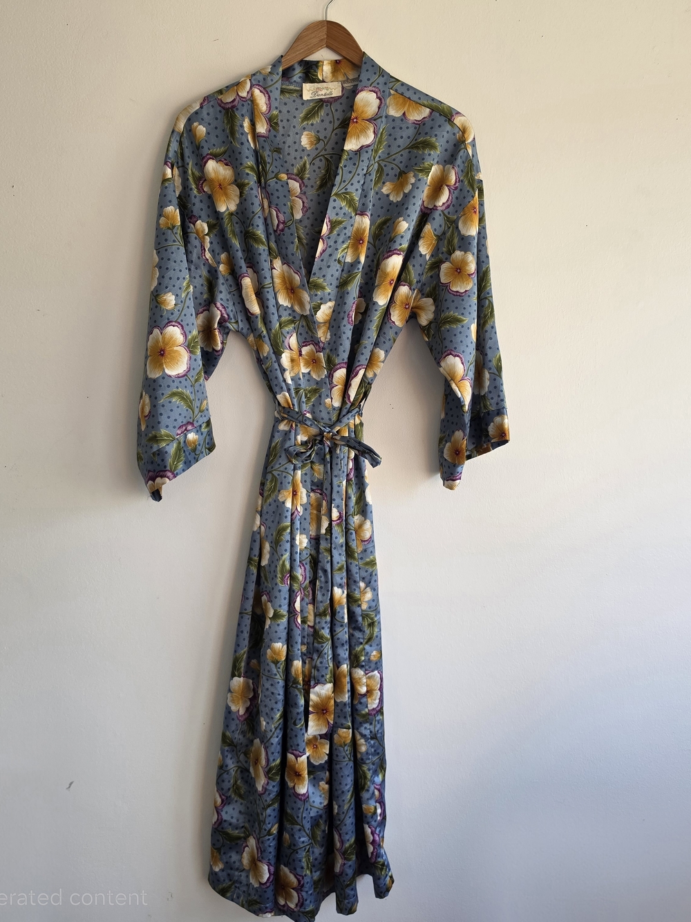Vintage Dentelle 90s USA Floral Satin Wrap Robe Blue Pockets Tie Wrap Long Silky